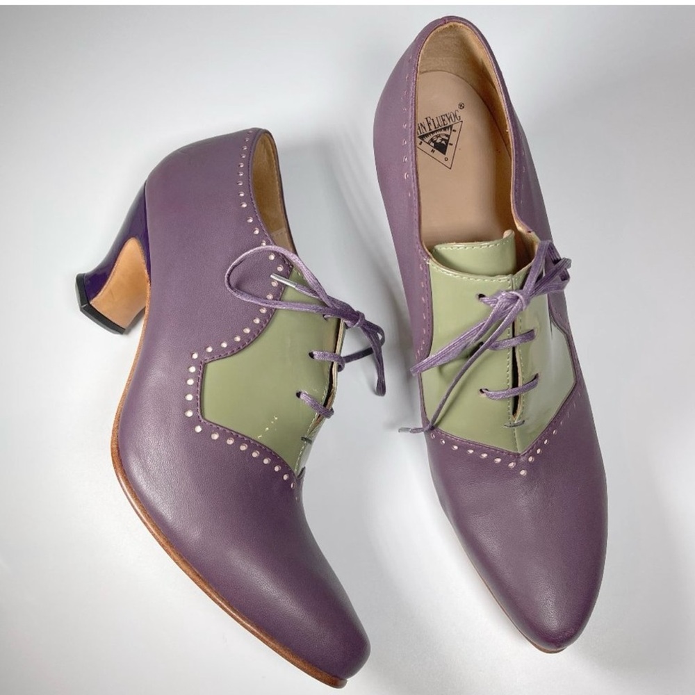 Fluevog Timbuktu lace-up heels, purple and green, size 9